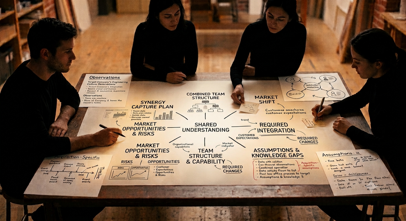 Four leadership team members working together to combine individual observations, assumptions, and analyses into a shared understanding represented on a central workspace.